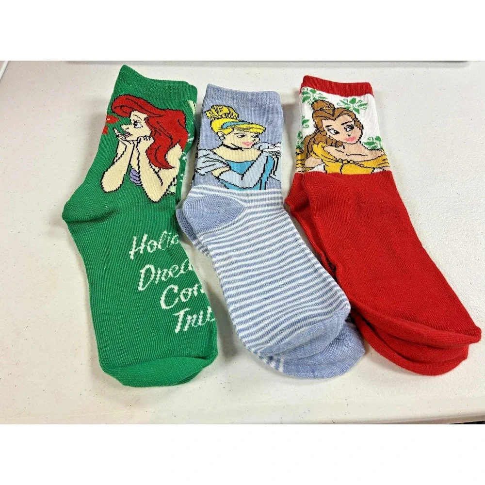 Disney Princess Socks 3 Pack Little Mermaid, Cinderella & Belle Size 6-7.5